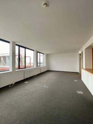Heller Büroraum mit Teppichboden und einer Fensterfront, die eine angenehme Arbeitsatmosphäre schafft.
