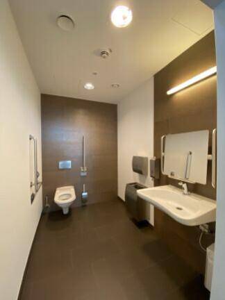 Modernes, barrierefreies WC mit Wand-WC, Waschbecken und Haltegriffen in Braun- und Weißtönen.