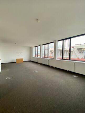 Geräumiger Büroraum mit Teppichboden und einer langen Fensterfront, die für viel Helligkeit sorgt.