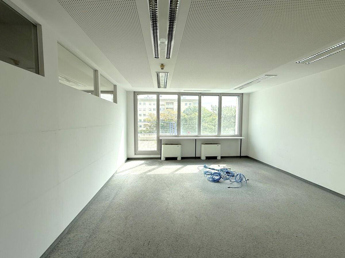 Geräumiges Büro mit grauem Teppichboden, weißen Wänden und großen Fenstern, die viel Licht spenden.