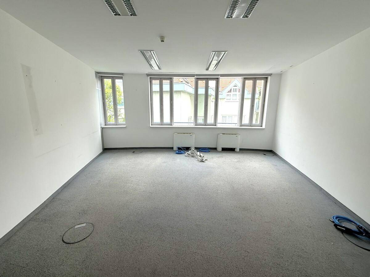 Leeres Büro mit grauem Teppichboden, weißen Wänden und großen Fenstern für viel Tageslicht.