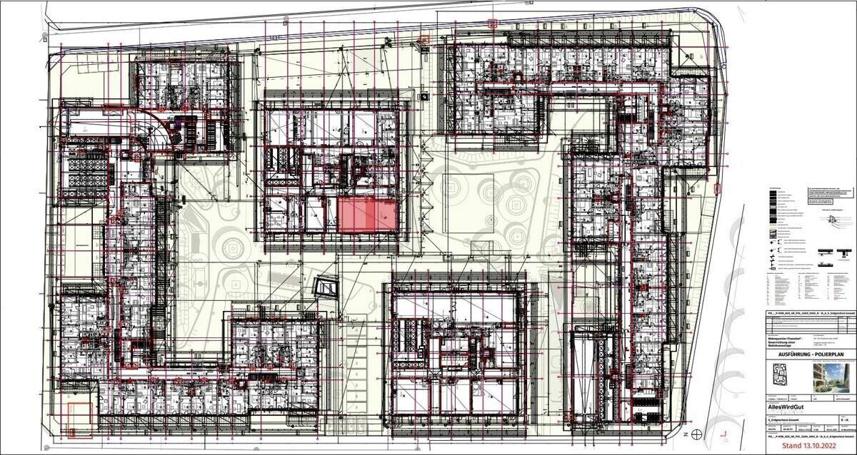 Übersichtsplan eines Wohnkomplexes mit mehreren Gebäuden und detaillierten Grundrissen.