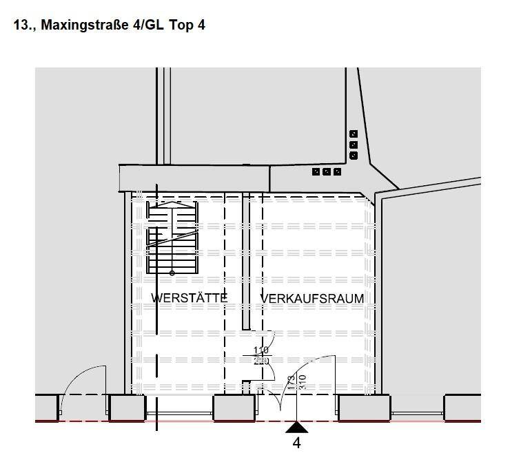 Grundriss des Erdgeschosses mit Werkstatt und Verkaufsraum, inklusive Treppenhaus.