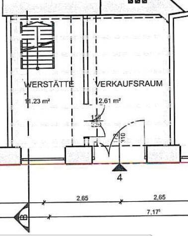 Detaillierter Grundriss des Erdgeschosses mit Werkstatt- und Verkaufsflächen, inklusive Maße.