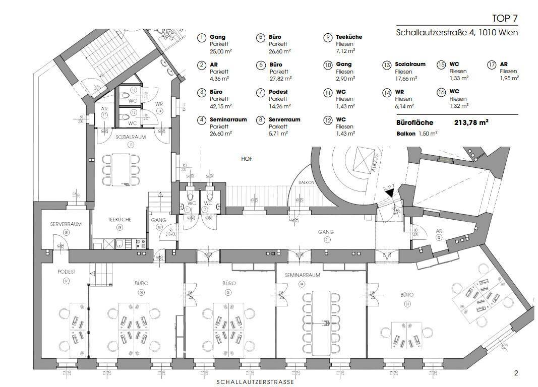 Detaillierter Grundriss einer Bürofläche von 213,78 m² mit mehreren Räumen und einem Balkon.