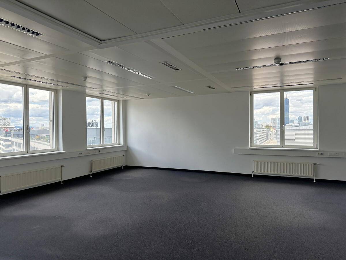 Geräumiges, leeres Büro mit dunklem Teppichboden und großen Fenstern, die eine weite Stadtansicht bieten.