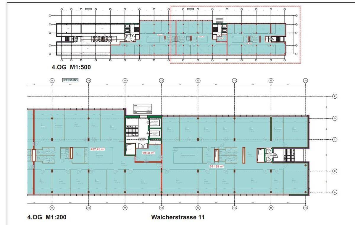 Grundriss des vierten Obergeschosses mit klar definierten Büroräumen und Gemeinschaftsbereichen, gut strukturiert.