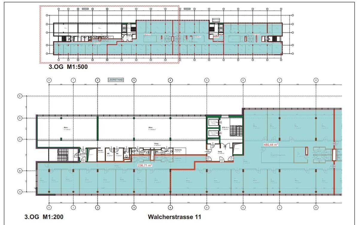 Detaillierter Grundriss des dritten Obergeschosses mit flexiblen Büroeinheiten und Treppenhäusern, für effiziente Raumnutzung.