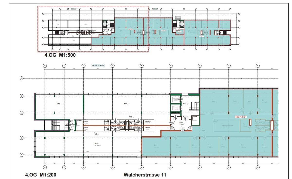 Detaillierter Grundriss des vierten Obergeschosses mit flexiblen Büroeinheiten und Zugangspunkten, für vielseitige Nutzung.