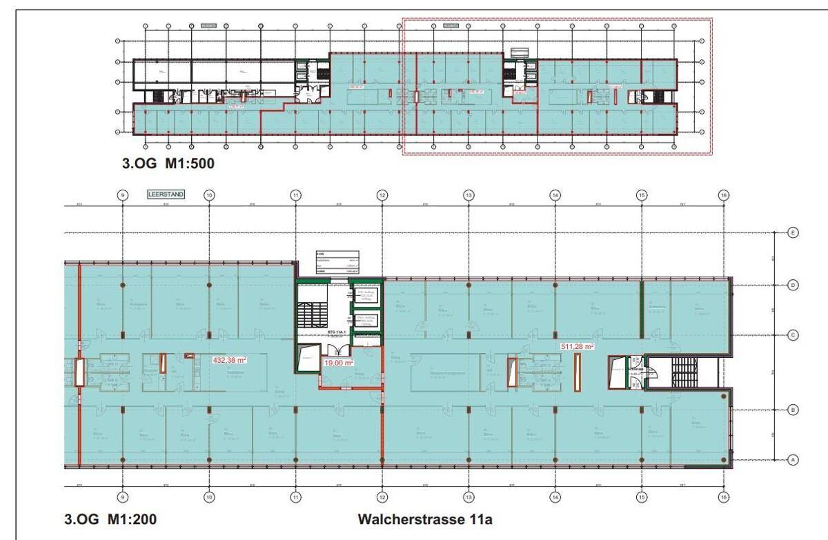 Grundriss des dritten Obergeschosses mit verschiedenen Bürobereichen und Gesamtflächenangaben, übersichtlich dargestellt.