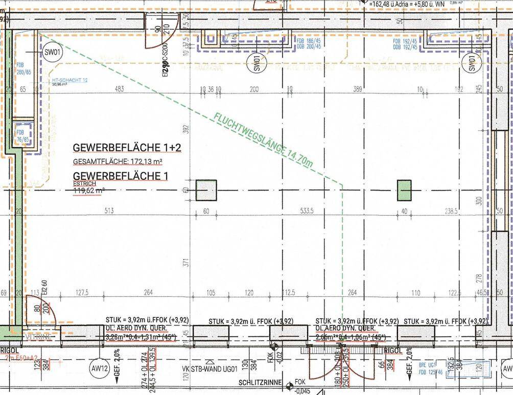 Ausschnitt eines Grundrisses mit Maßen und der Kennzeichnung von Gewerbeflächen.