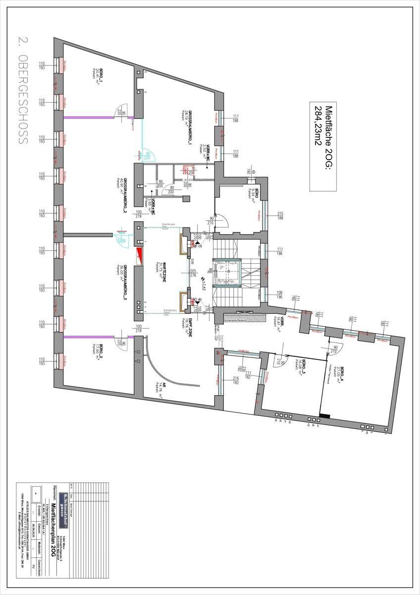 Grundriss des 2. Obergeschosses mit mehreren Büroräumen und einer Gesamtfläche von 284,23 m².