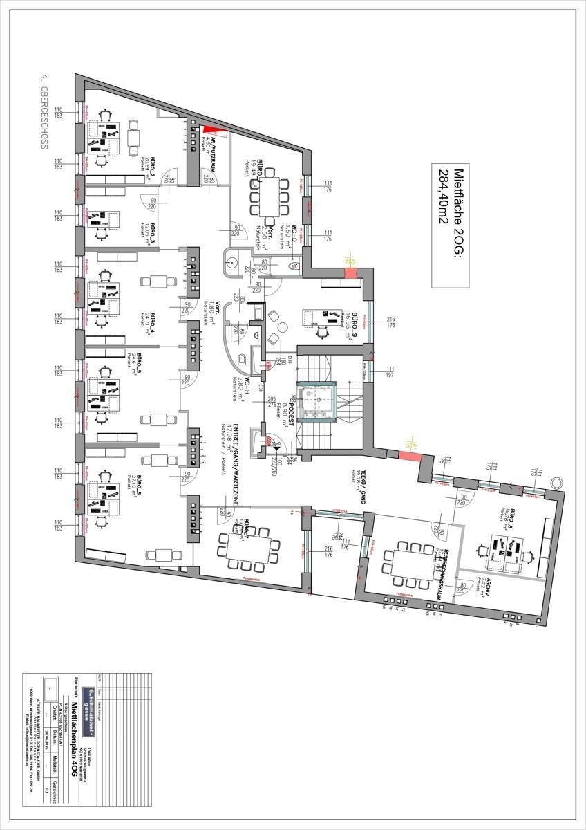 Grundriss des 4. Obergeschosses mit verschiedenen Büroeinheiten und einer Fläche von 284,40 m².