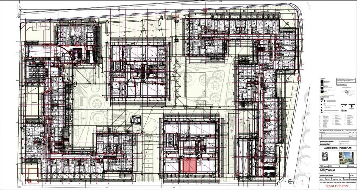 Übersichtsplan des gesamten Gebäudekomplexes mit der Anordnung mehrerer Wohneinheiten und Gewerbeflächen.