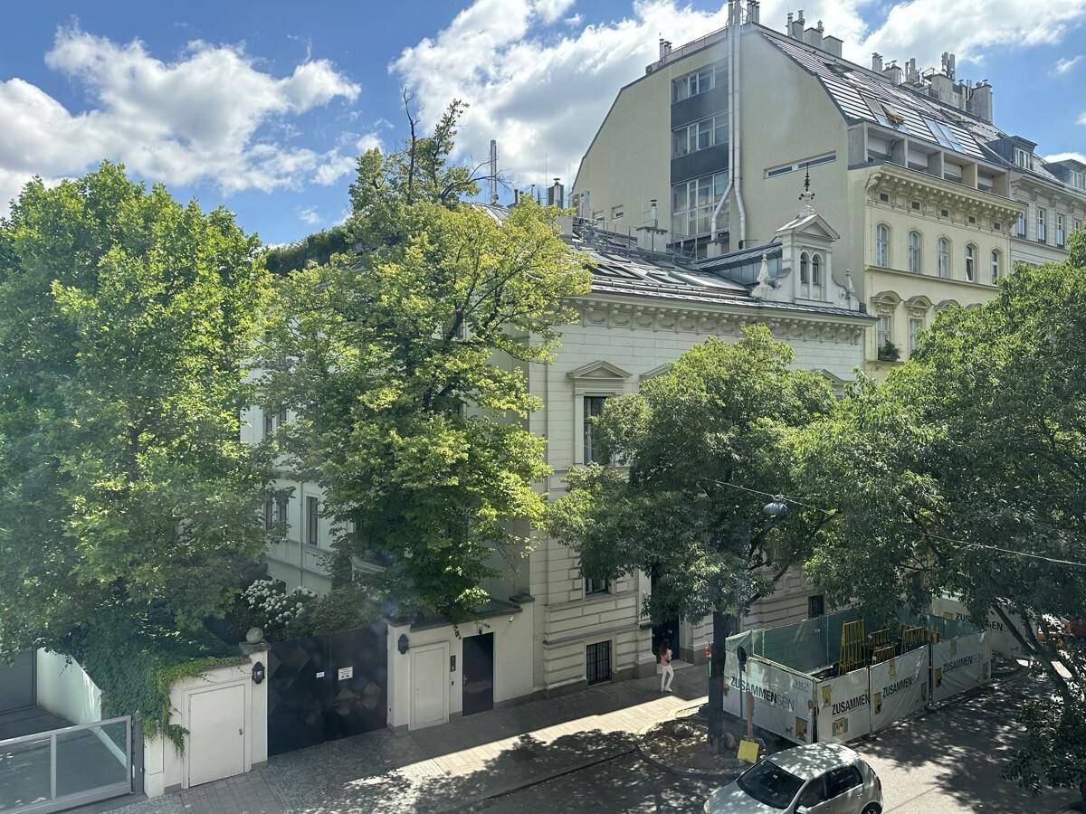 Blick aus dem Fenster auf eine von Bäumen gesäumte Straße mit klassischen Gebäuden und einem sonnigen Himmel.