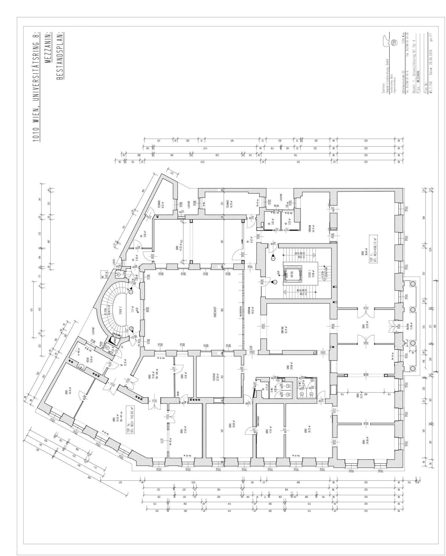 Detaillierter Bestandsplan des Mezzanine-Geschosses eines Gebäudes in Wien mit Raumaufteilung und Maßen.
