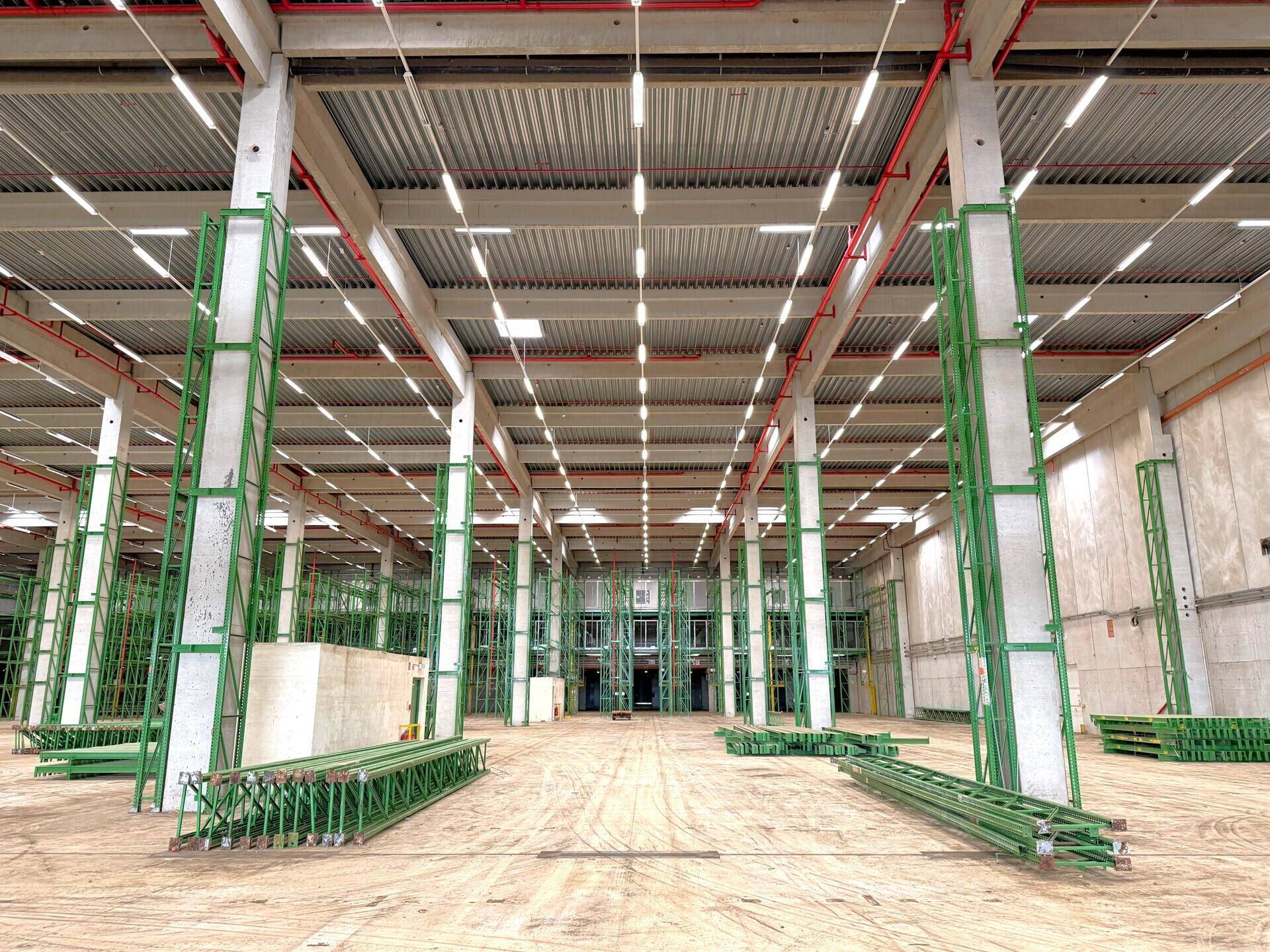 Große, leere Lagerhalle mit hohen Decken, Betonpfeilern und grünen Regalsystemen.