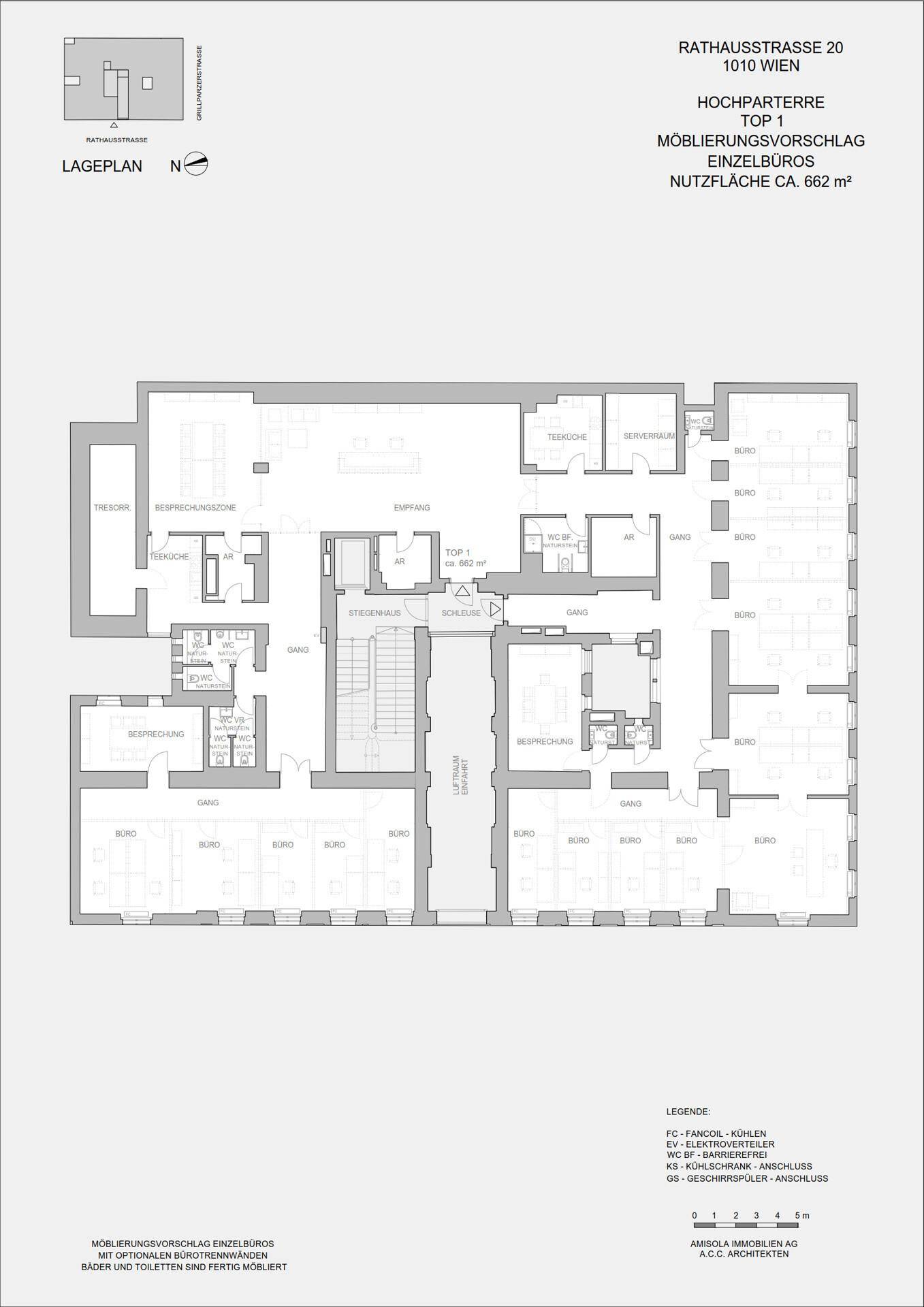 Detaillierter Grundriss eines Büros mit einer Nutzfläche von ca. 662 m² im Hochparterre.
