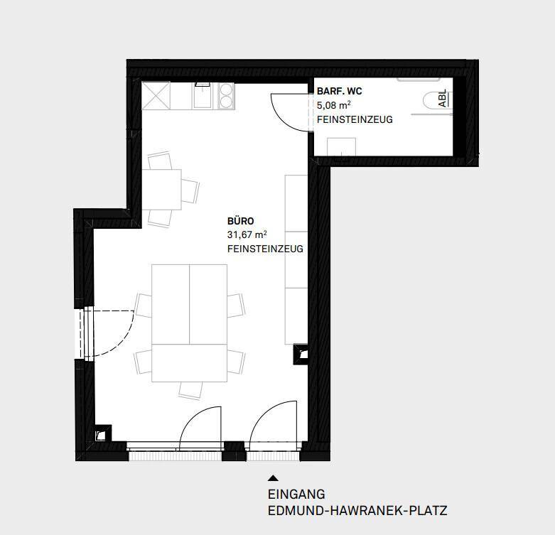 Grundriss einer Büroeinheit mit separatem WC und Eingangsbereich, detailliert mit Flächenangaben.