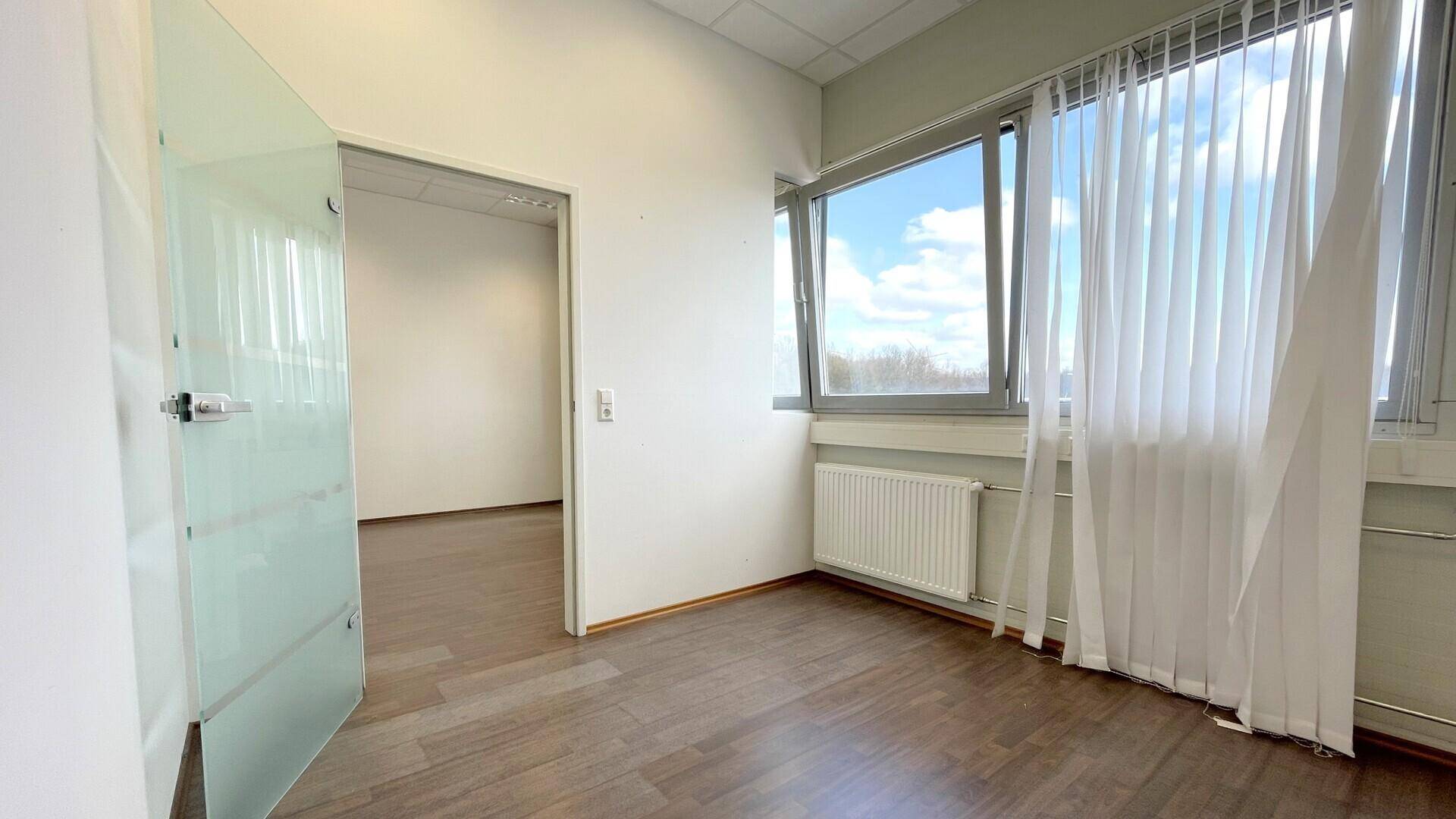 Heller Büroraum mit Holzboden, großen Fenstern und einer modernen Milchglastür zum Flur.