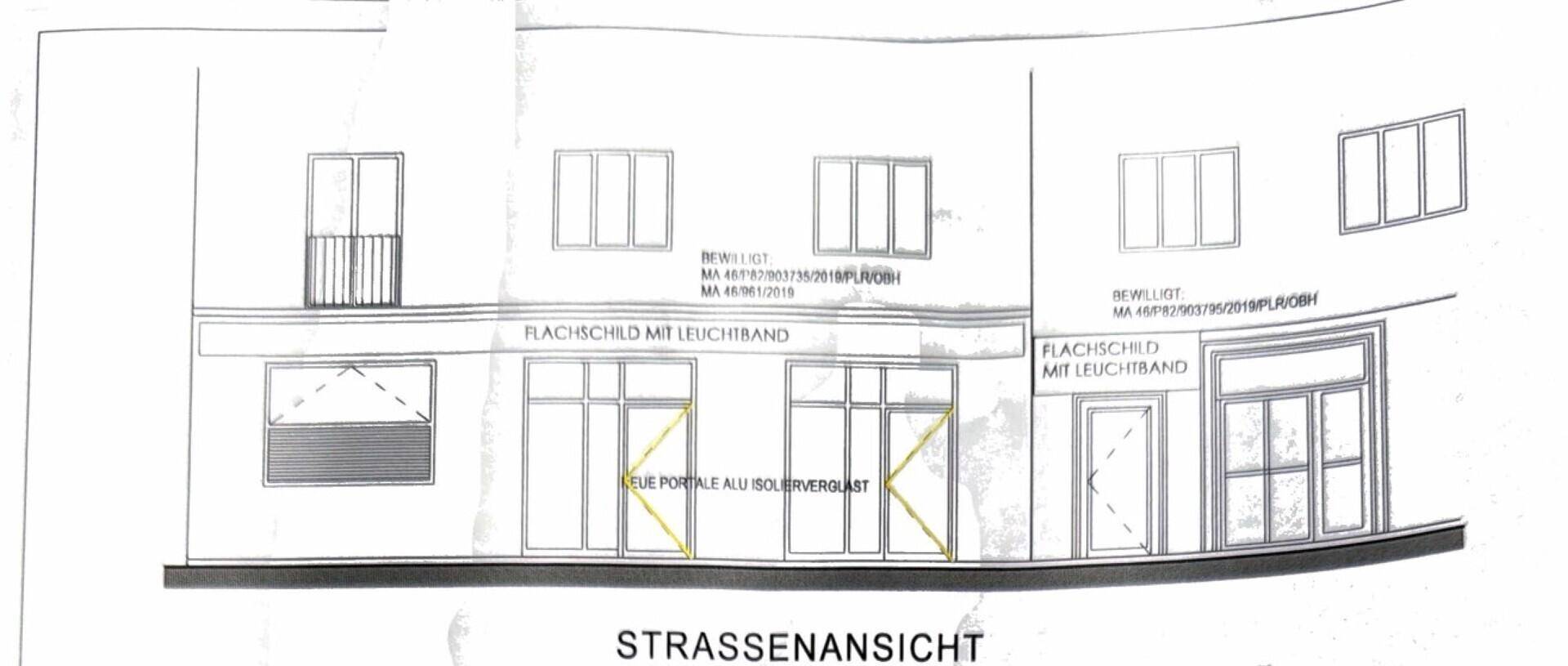 Architektonische Zeichnung der Straßenansicht eines Gebäudes mit mehreren Fenstern und Balkonen.