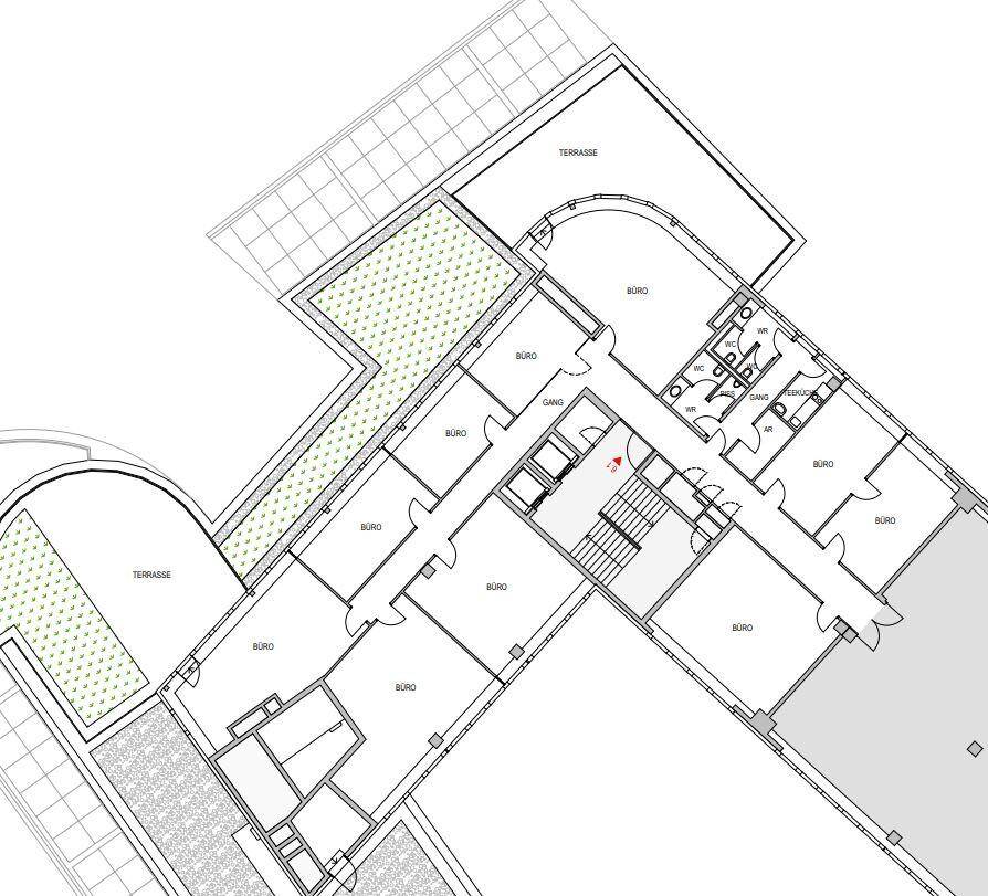 Detaillierter Grundriss mit mehreren Büroräumen, Gängen und zwei Terrassenbereichen.