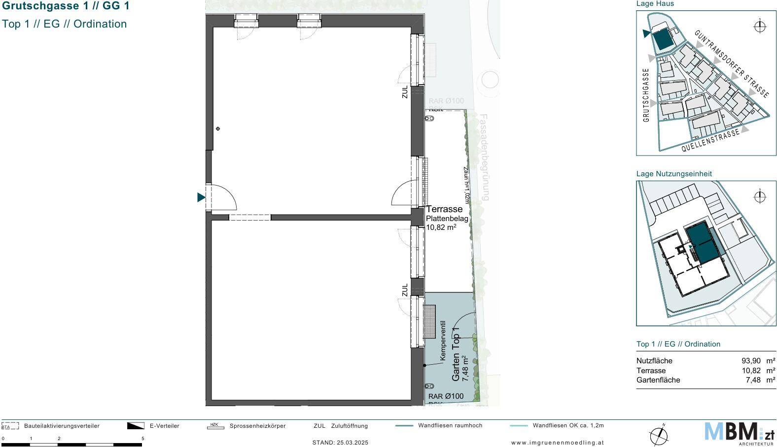 Grundriss für eine Erdgeschosswohnung mit Terrasse und Gartenbereich, inklusive Lageplan.