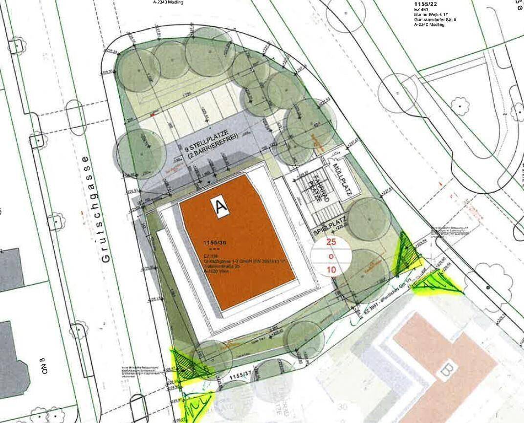 Lageplan mit einem Gebäude, Parkplätzen, Spielplatz und Grünflächen in der näheren Umgebung.