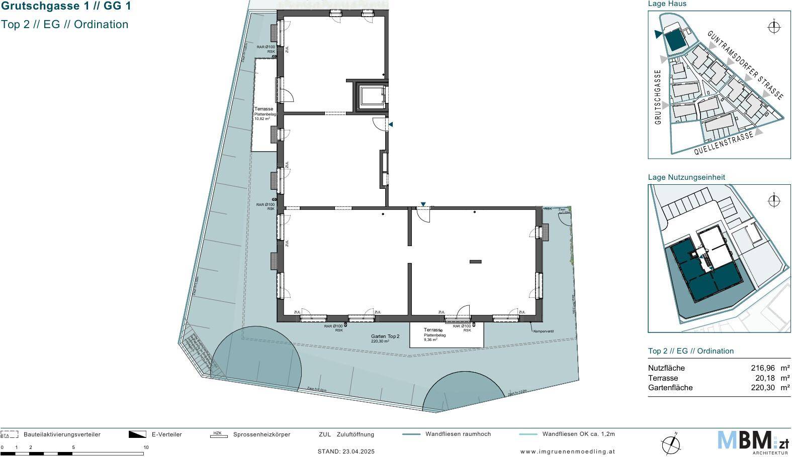Detaillierter Grundriss einer Wohneinheit mit Terrasse und Gartenbereich im Erdgeschoss des Gebäudes.
