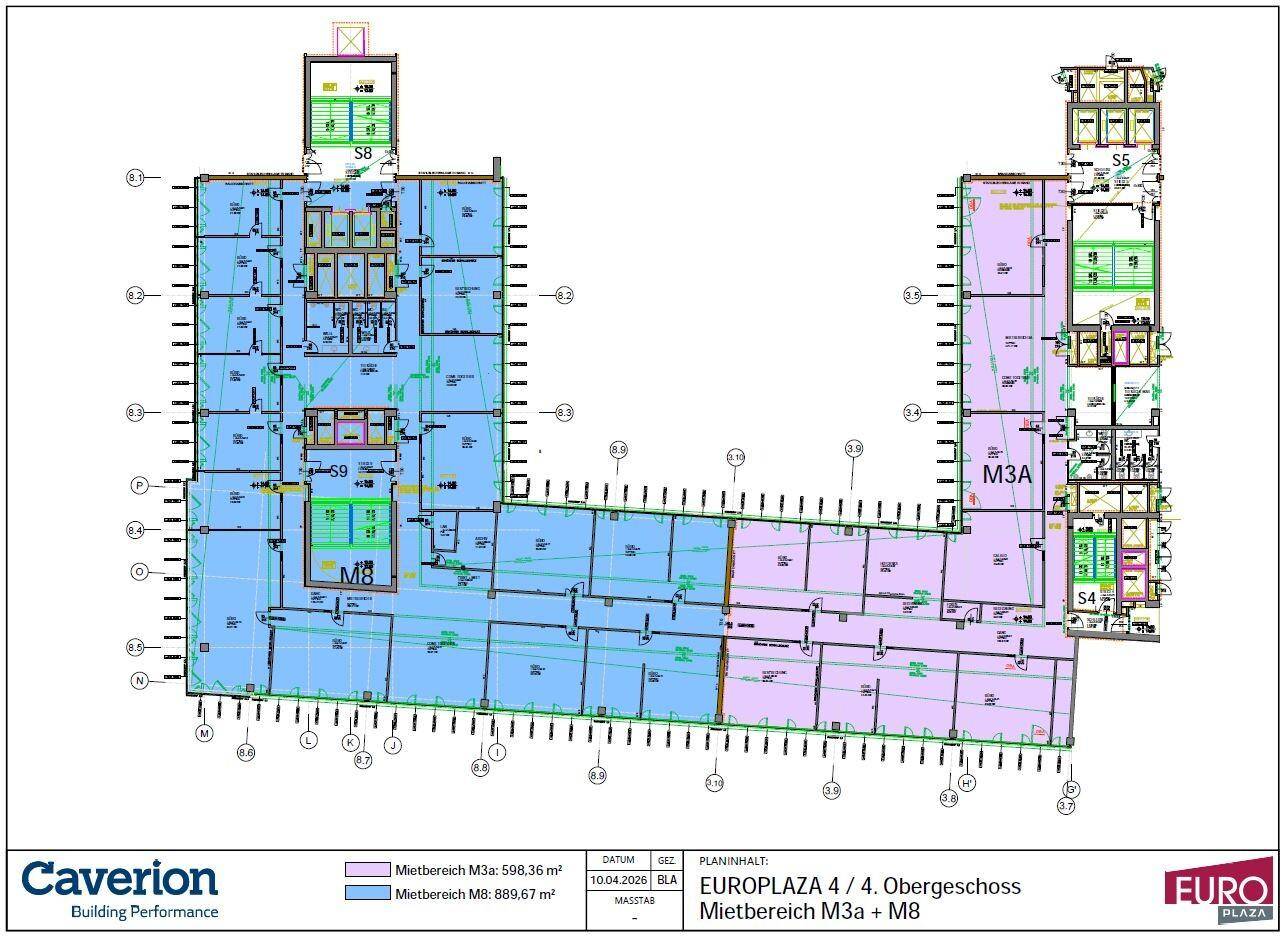 Detaillierter Grundriss eines Obergeschosses mit verschiedenen Mietbereichen und technischen Installationen.