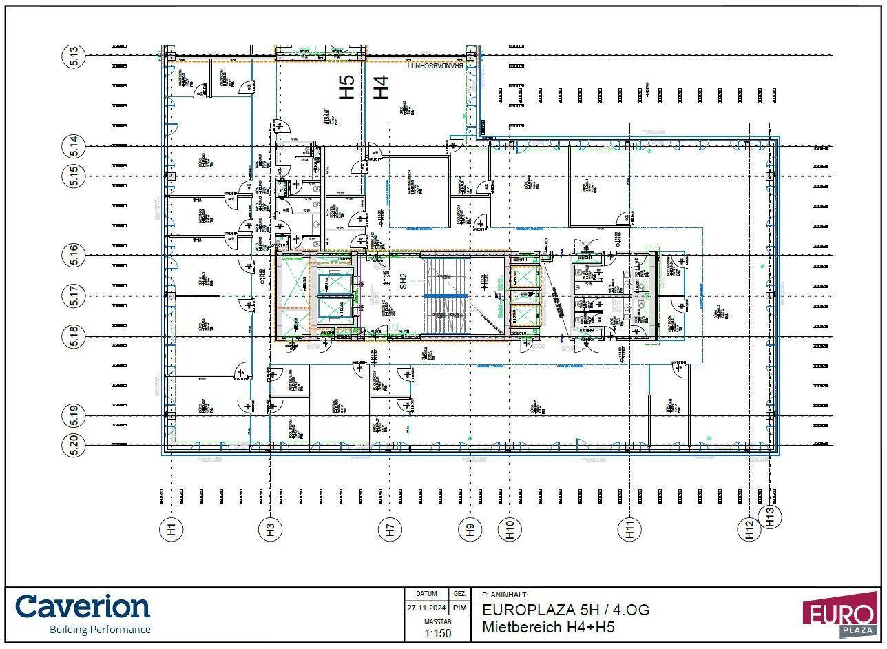 Detaillierter Grundriss für den Mietbereich H4+H5 im 4. Obergeschoss des Bürogebäudes.