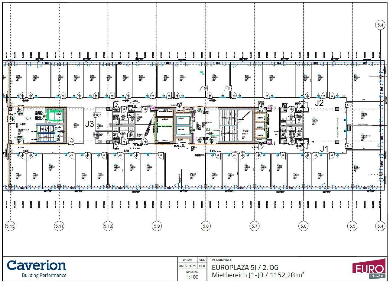 Detaillierter Grundriss des zweiten Obergeschosses mit verschiedenen Büroeinheiten und einer Gesamtfläche von 1152,28 m².