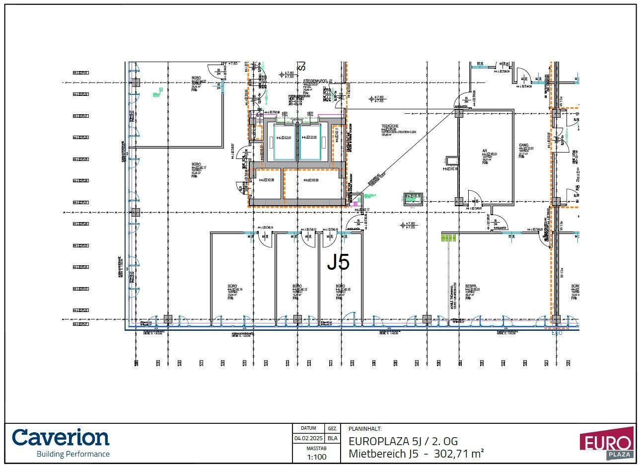 Grundriss des Mietbereichs J5 im 2. Obergeschoss des EUROPLAZA 5J mit einer Fläche von 302,71 m².