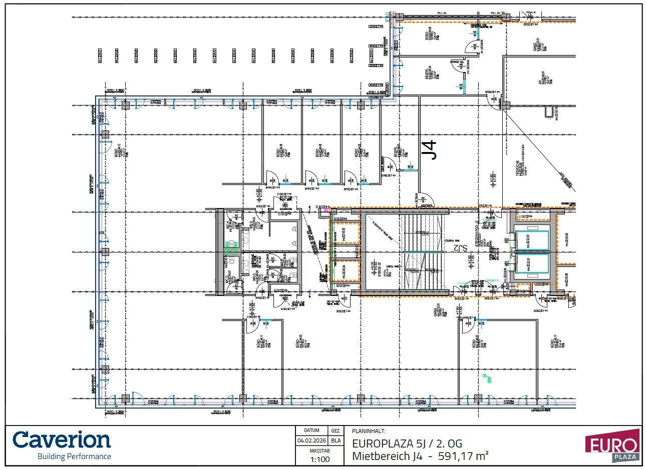 Grundriss des Mietbereichs J4 im 2. Obergeschoss des EUROPLAZA 5J mit einer Fläche von 591,17 m².
