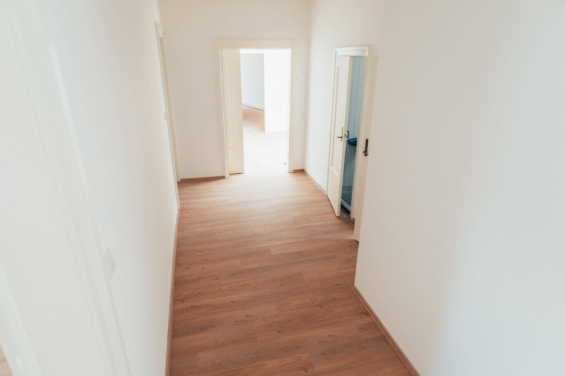 Geräumiger Flur mit Laminatboden und weißen Wänden, der einen klaren Durchgang zu angrenzenden Räumen bietet.