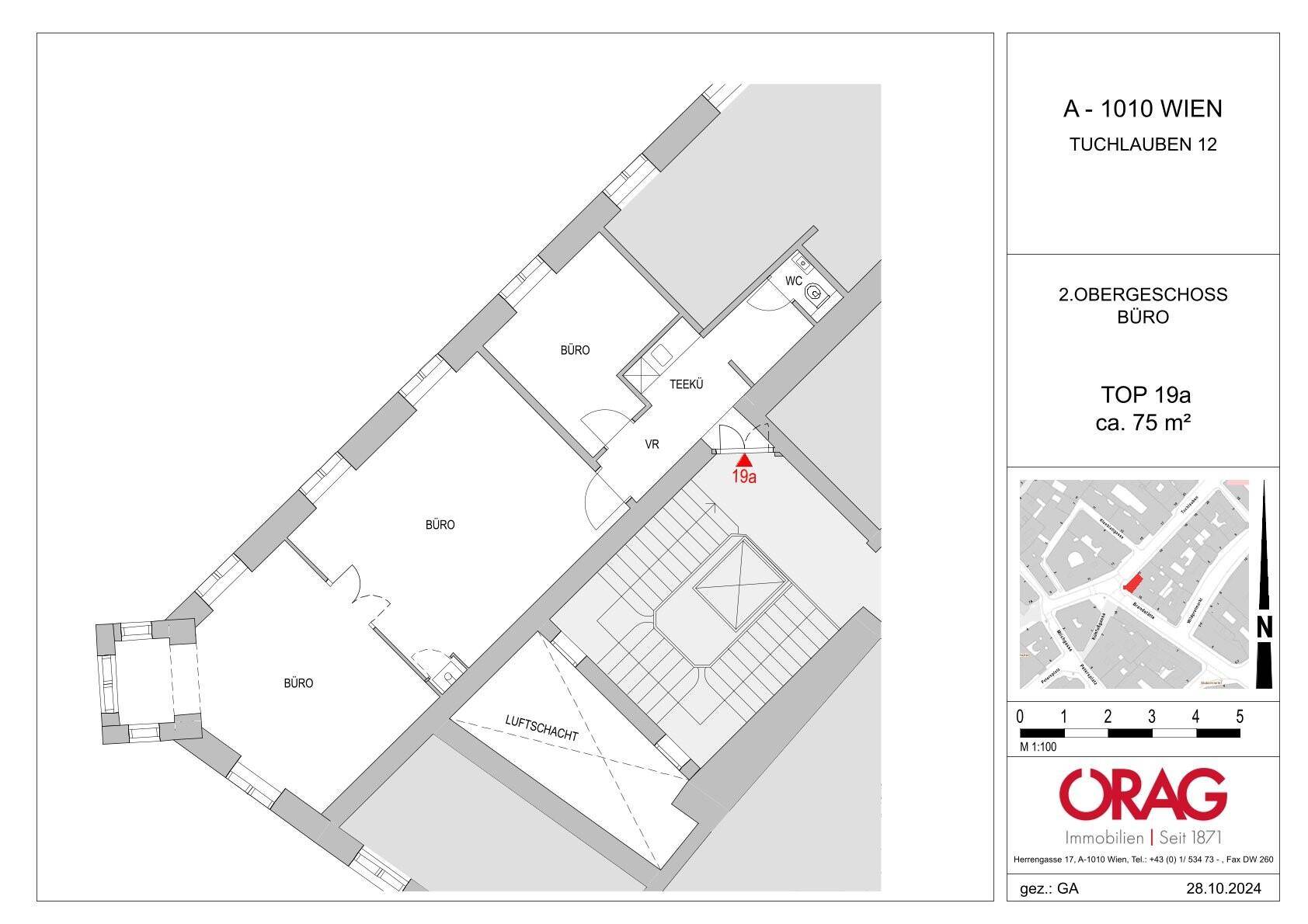 Grundrissplan eines Büros im zweiten Obergeschoss mit einer Fläche von ca. 75 m².