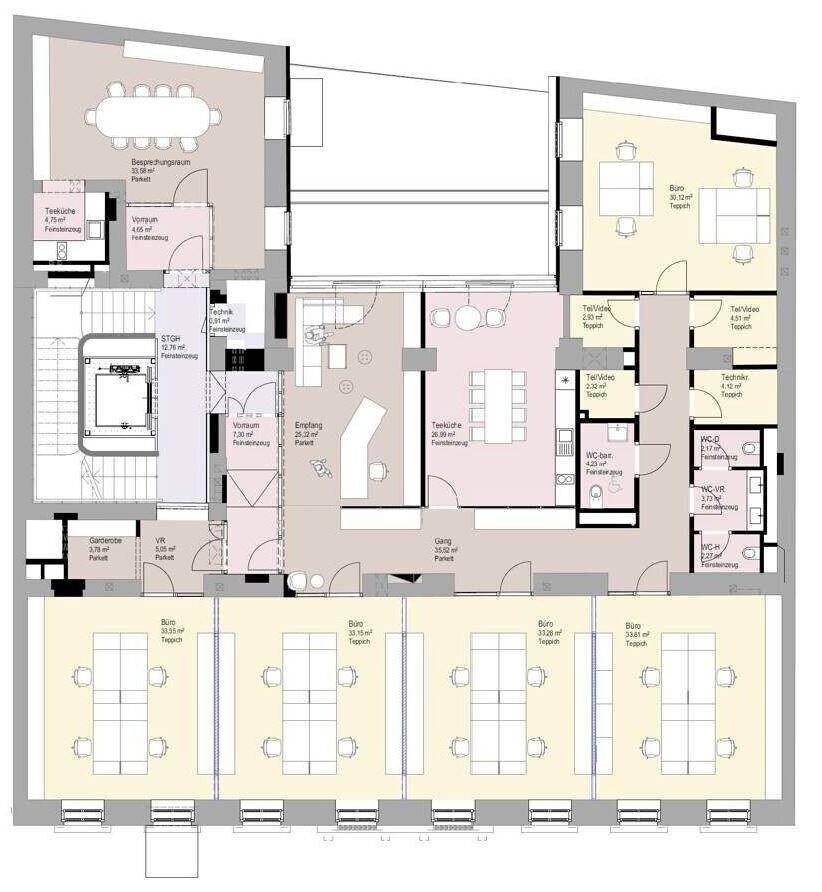 Detaillierter Grundrissplan mit Büros, Besprechungsräumen, Teeküchen und Sanitäranlagen.