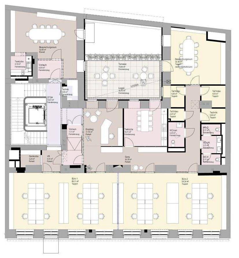 Detaillierter Grundrissplan mit Büroräumen, Besprechungsräumen, Loggia und Empfangsbereich.