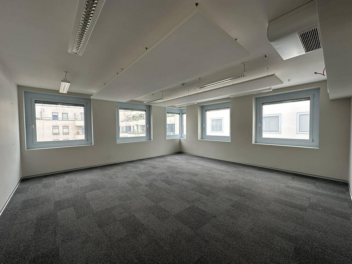 Großer, heller Büroraum mit vielen Fenstern, grauem Teppichboden und moderner Deckenbeleuchtung.