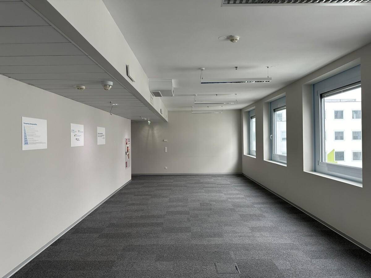 Geräumiger, leerer Büroraum mit modularem Teppichboden und mehreren Fenstern für Tageslicht.
