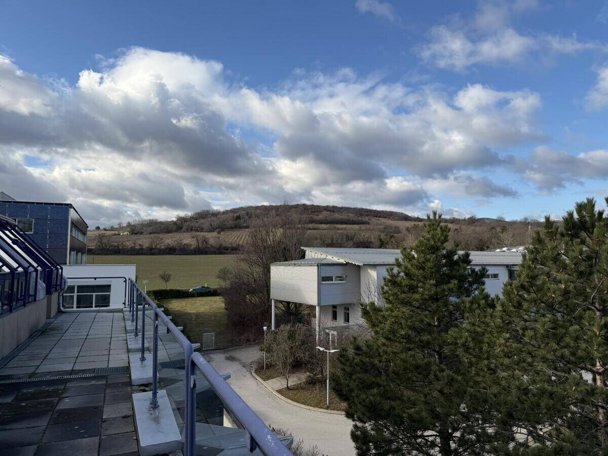 Weitläufiger Blick über grüne Felder und bewaldete Hügel unter einem dramatischen Wolkenhimmel.