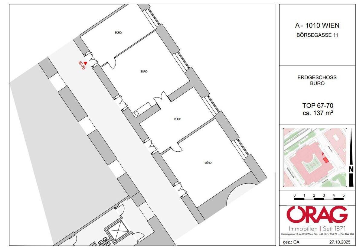 Grundriss für ein Büro im Erdgeschoss mit mehreren Räumen und Aufzugszugang in Wien.