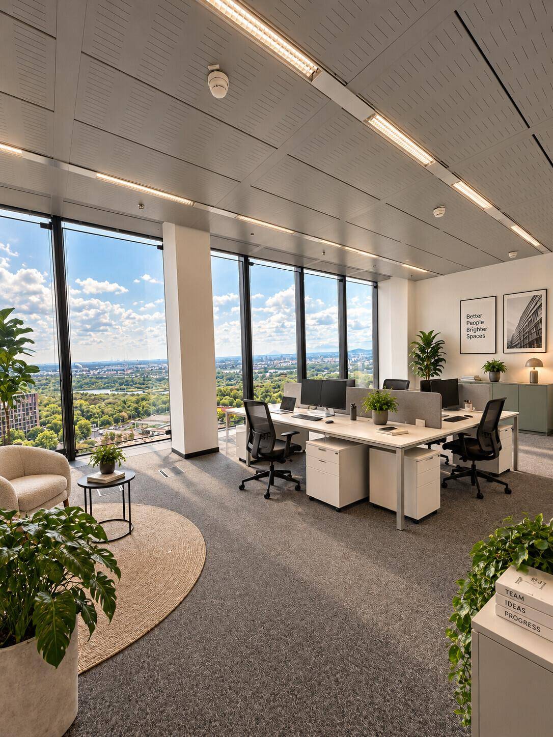 Modern eingerichteter Büroraum mit Schreibtischen, Pflanzen und Panoramablick durch große Fenster.