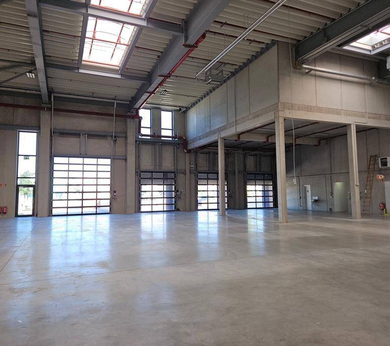Weitläufige Industriehalle mit mehreren großen Rolltoren, hohen Decken und robustem Betonboden.