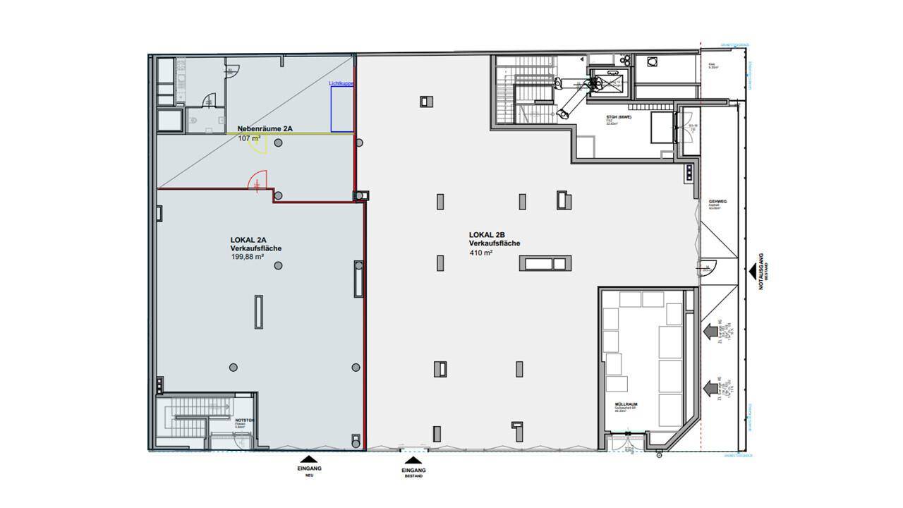 Grundrissplan für zwei Gewerbeflächen mit separaten Eingängen und Nebenräumen im Erdgeschoss.