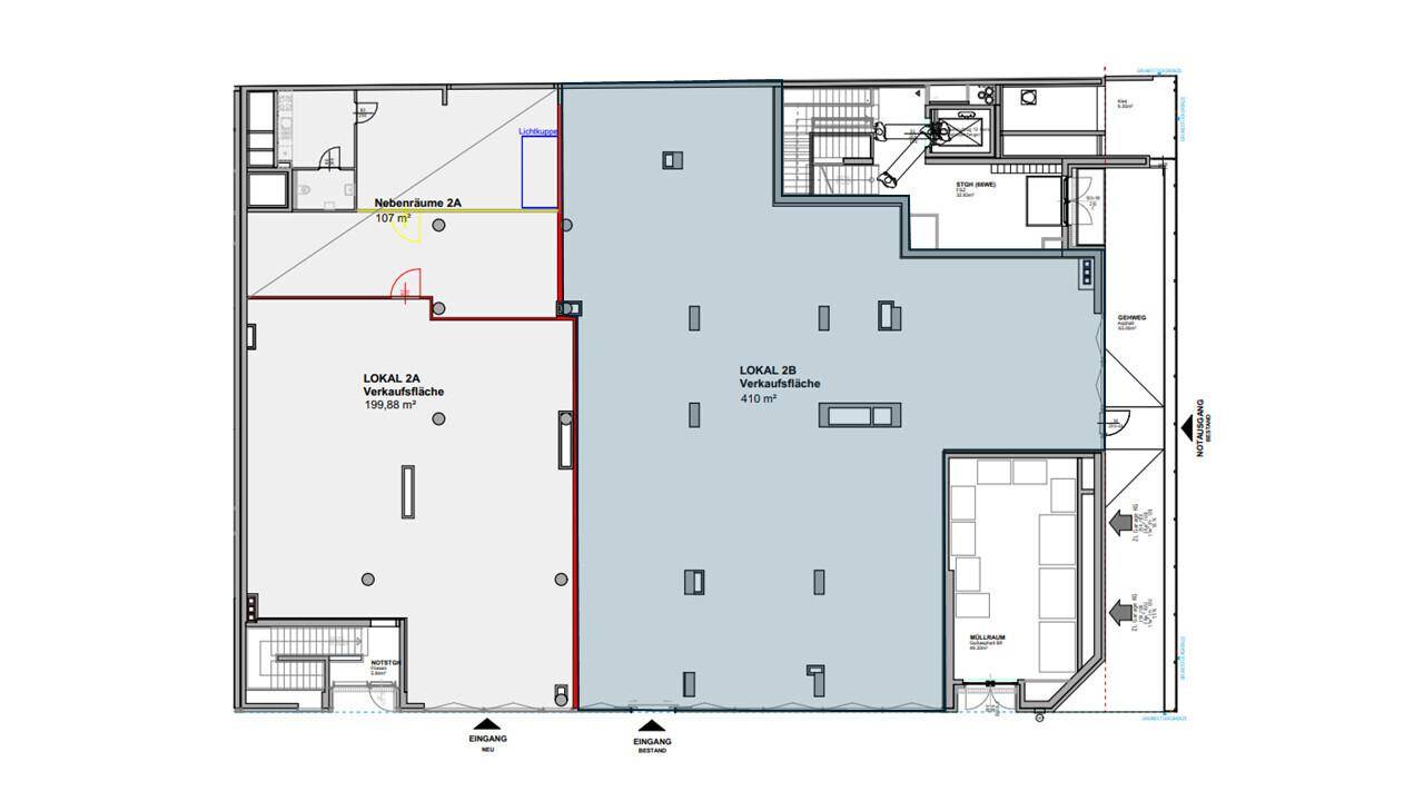 Grundrissplan zeigt zwei Gewerbeflächen mit separaten Eingängen und Nebenräumen.