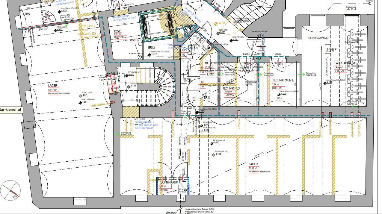 Grundriss des Untergeschosses mit Lagerflächen, Technikräumen und Fahrradraum, inklusive Treppenhaus.