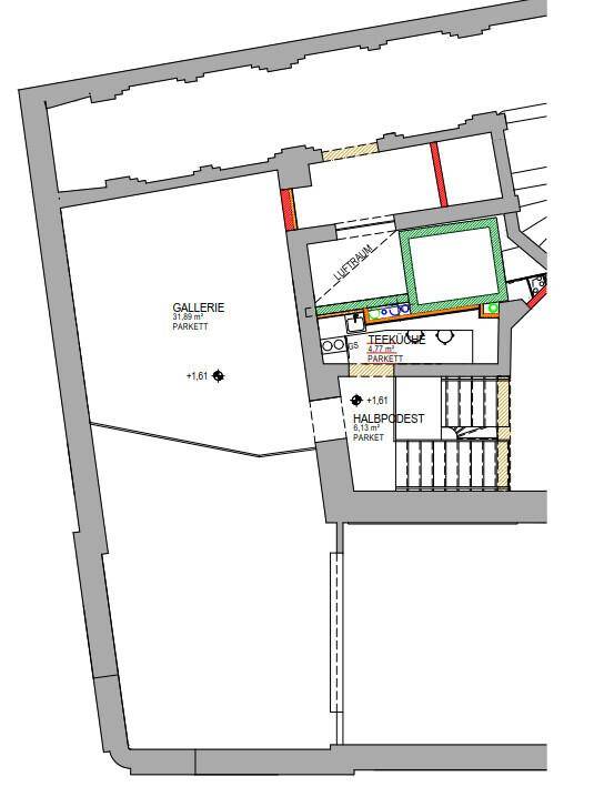 Grundriss der Galerieebene mit Teeküche und Halbpodest, zeigt die obere Etage des Geschäftsraums.