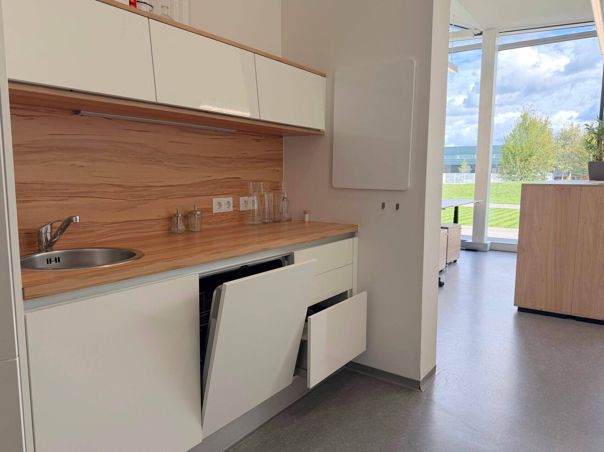 Kleine Küchenzeile mit Spüle, Geschirrspüler und Holz-Arbeitsplatte in hellem Design.