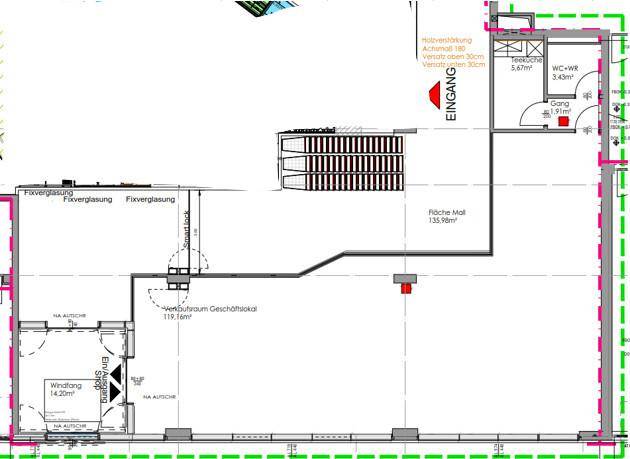 Grundrissplan eines Geschäftsraums mit Eingangsbereich, Verkaufsfläche und Sanitäranlagen.